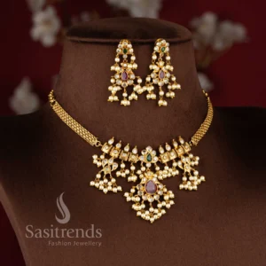 Trendy Temple Matte Gold Plated Guttapusalu Choker Necklace Jewellery Set with Ruby Pendant and Pearl Fringes