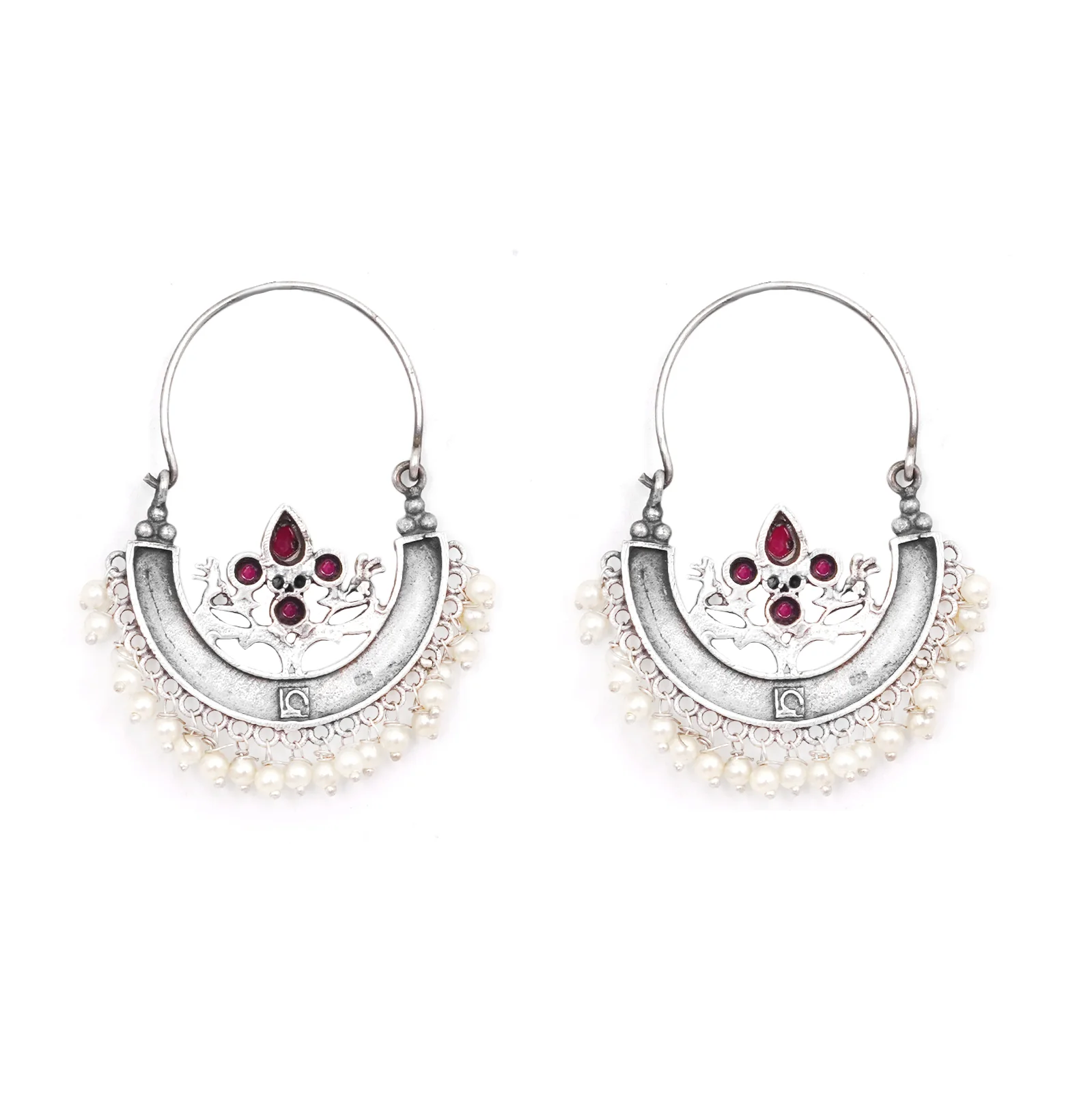 Back view of Saara red stone oxidised hoop earrings showing the metal frame and hinge-back closure